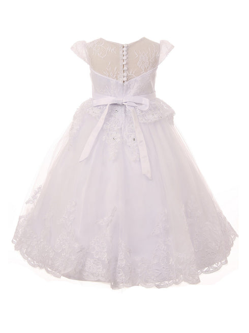 Rain Kids Little Girls White Beaded Lace Illusion Neckline Baptism Dress 2-6 - SophiasStyle.com